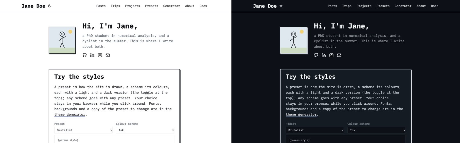The brutalist preset in light and dark mode: monospace type, thick borders and hard shadows