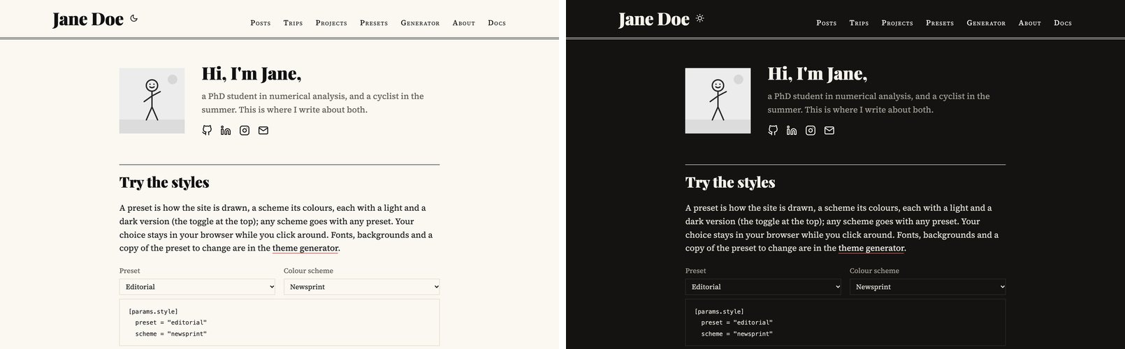 The editorial preset in light and dark mode: a masthead and posts in two columns