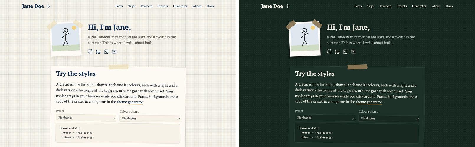 The fieldnotes preset in light and dark mode: taped cards on graph paper