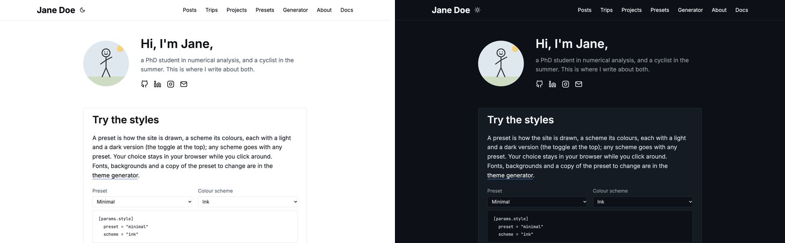 The minimal preset in light and dark mode: plain cards with thin borders