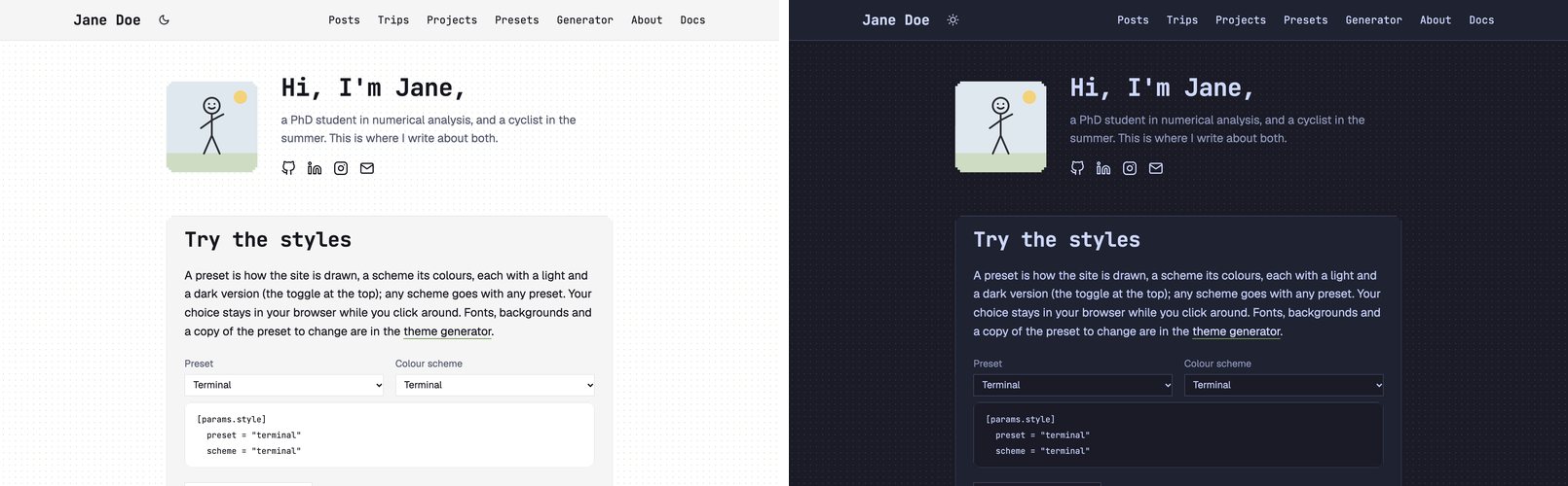 The terminal preset in light and dark mode: a dot grid, stepped corners and a blinking cursor