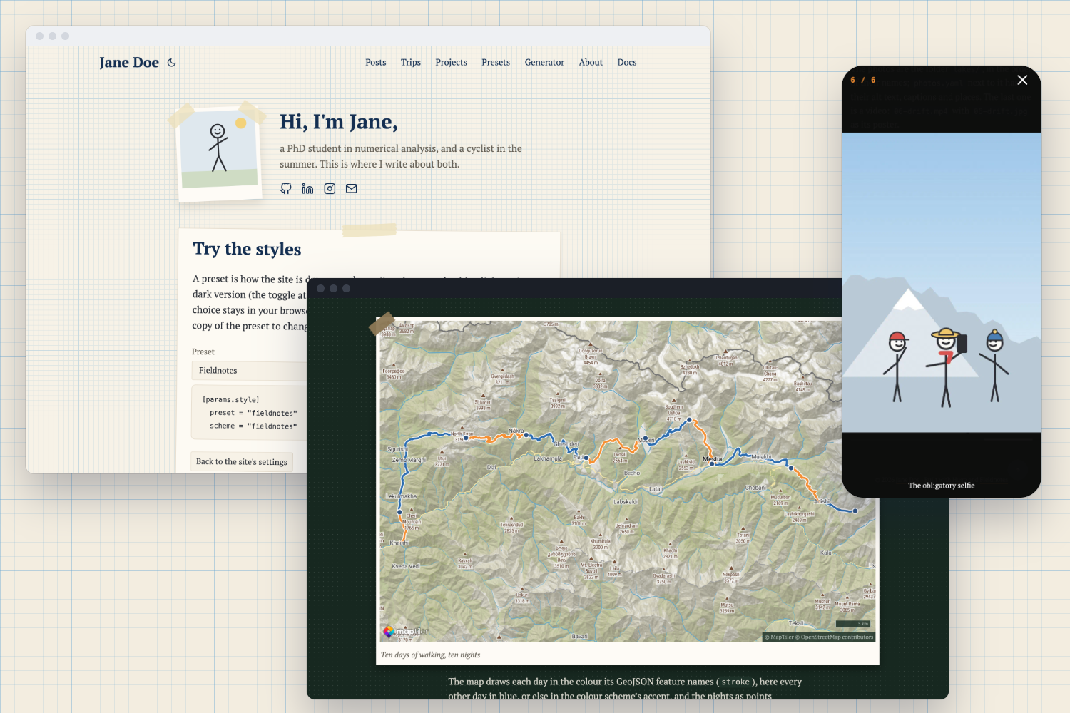 The Fieldnotes demo: a home page on graph paper with taped cards, a trip map and the photo viewer