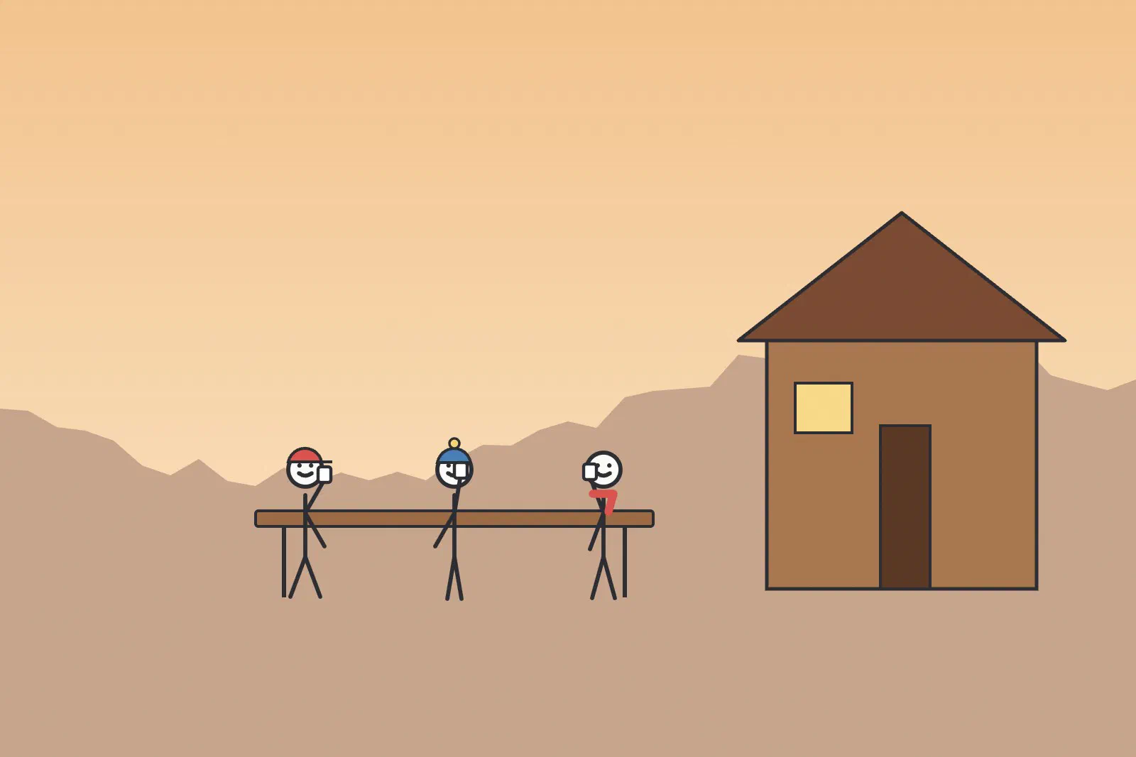 Three stick figures at a long table in front of a wooden hut, raising mugs at sunset