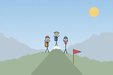 Three stick figures cheering on a snowy summit next to a red flag, mountains behind