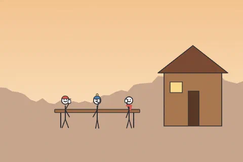 Three stick figures at a long table in front of a wooden hut, raising mugs at sunset