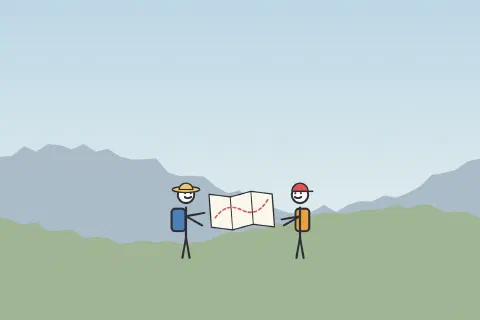Two stick figures with backpacks holding up a map with a dashed red route