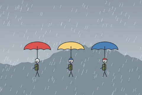 Three stick figures walking in heavy rain under red, yellow and blue umbrellas