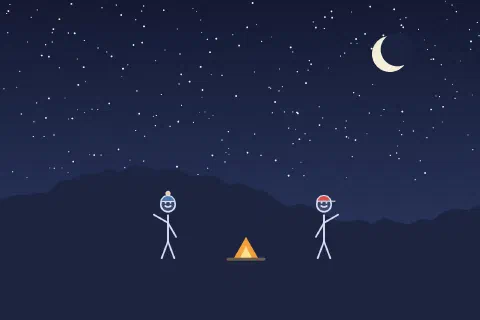 Two stick figures by a small campfire under a starry sky and a crescent moon