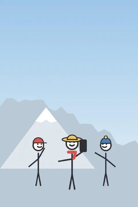 Three stick figures squeezed together for a selfie in front of a snowy peak
