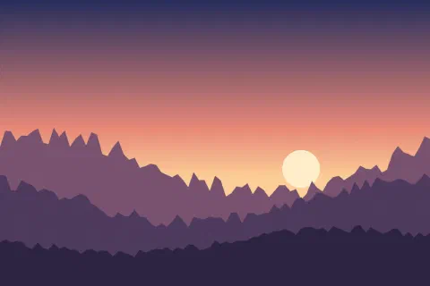 Layers of purple mountain ridges under a pink dawn sky with a pale sun
